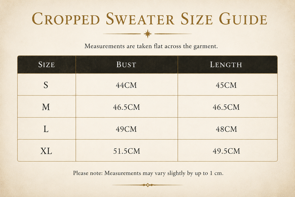 Size guide for Ladies Hogwarts Cropped Sweatshirt