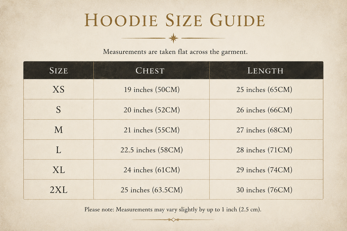 Size guide for Hufflepuff Quidditch Hoodie
