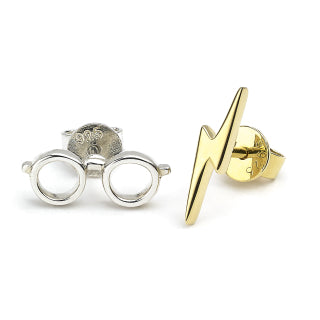 Harry Potter Glasses and Lightning Bolt Stud Earrings - Gold Plated Sterling Silver