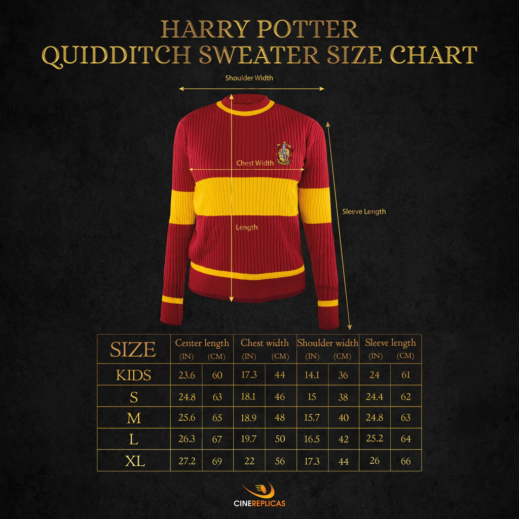 Size guide for Gryffindor House Quidditch Sweater