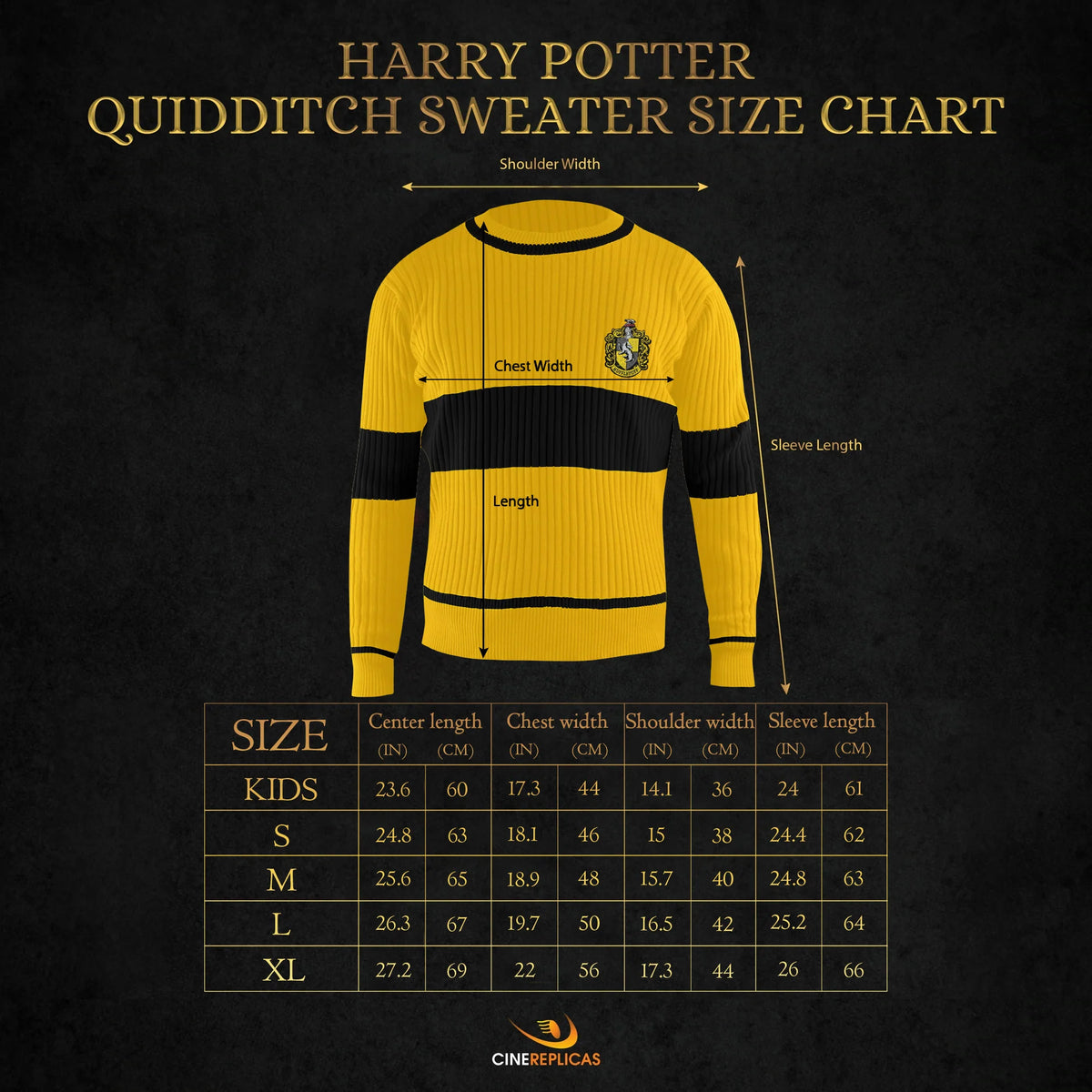 Size guide for Hufflepuff House Quidditch Sweater