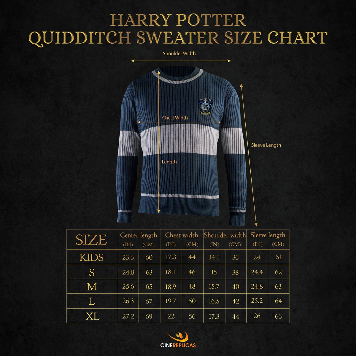 Size guide for Ravenclaw House Quidditch Sweater