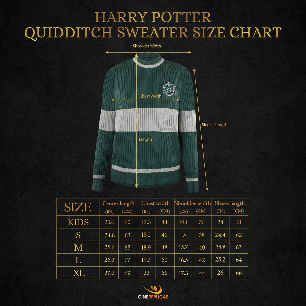 Size guide for Slytherin House Quidditch Sweater