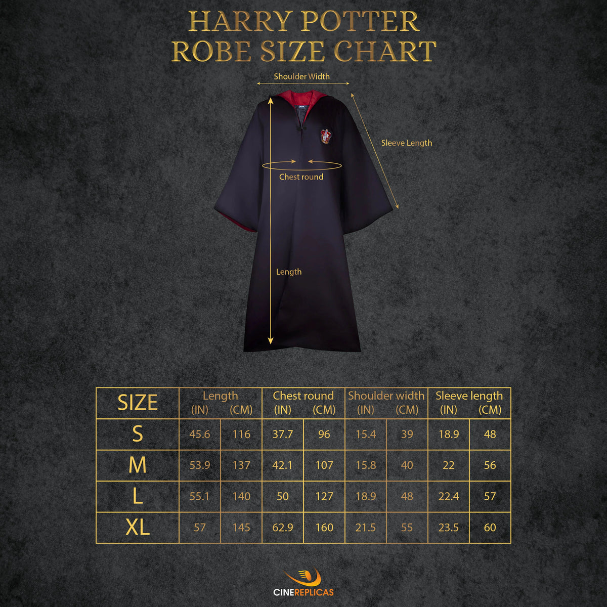 Size guide for Official Gryffindor Student Wizard Robe