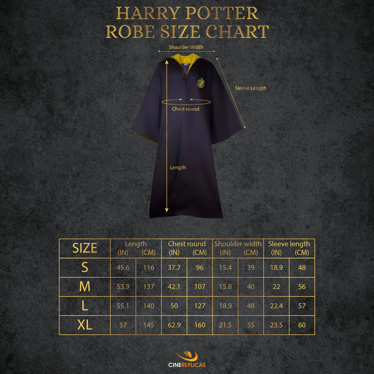 Size guide for OFFICIAL HUFFLEPUFF STUDENT WIZARD ROBE