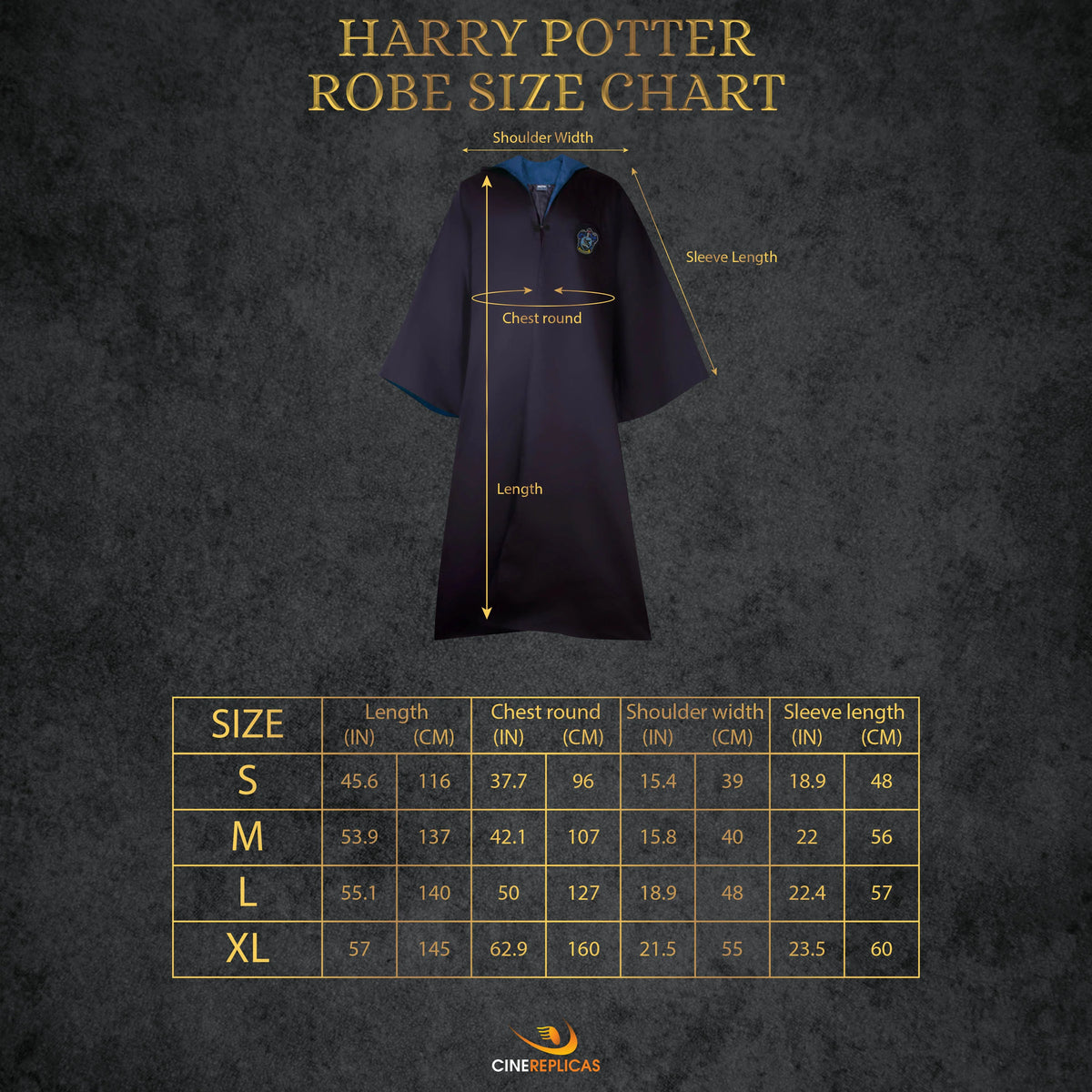 Size guide for OFFICIAL RAVENCLAW STUDENT WIZARD ROBE