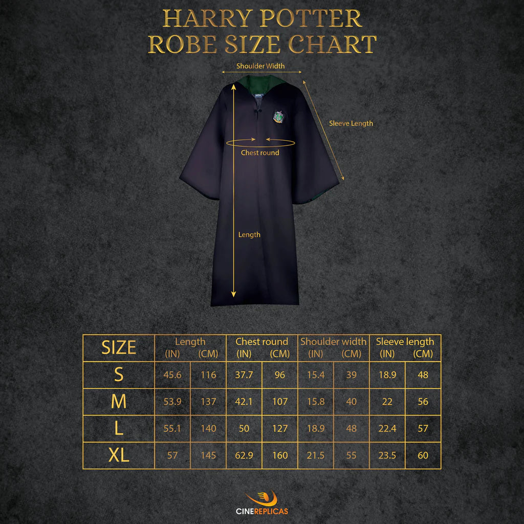 Size guide for OFFICIAL SLYTHERIN STUDENT WIZARD ROBE
