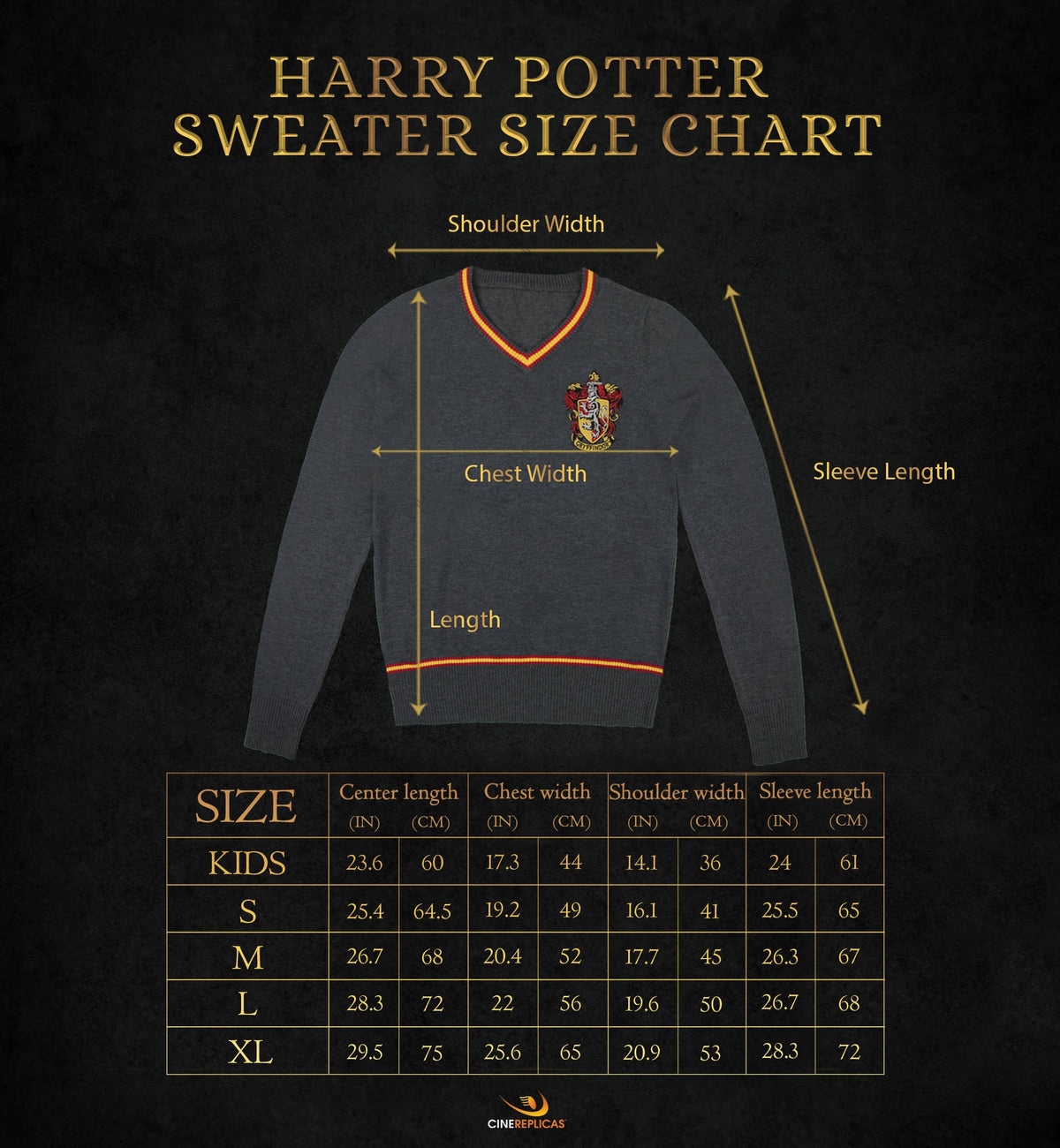 Size guide for Gryffindor Hogwarts Knitted Sweater