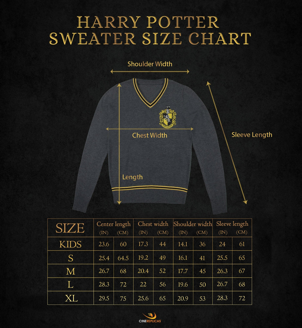 Size guide for Hufflepuff Hogwarts Knitted Sweater