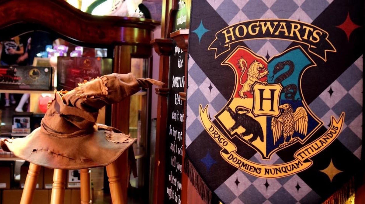 The Sorting Hat and Hogwarts house crest displayed among treasures in our magical store